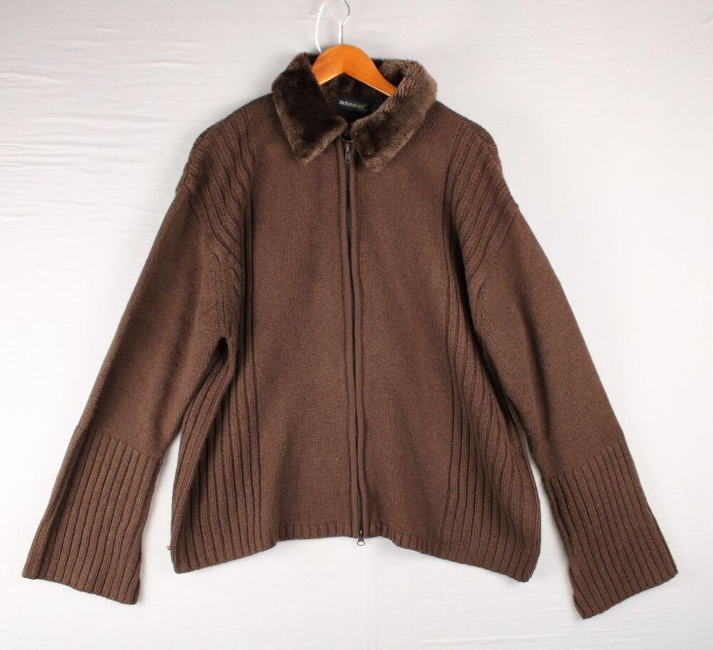 Vintage De Rothchild Full Zip 3X Brown Sweater Faux Fur Collar Ribbed Fall